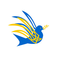 Dove of peace in the national colors of the flag of Ukraine. The bird is isolated on a white background. 
