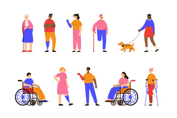 Set of persons with different disabilities. Happy men and women with prosthesis, crutches, in a wheelchair. Support, diversity and inclusion concept. Modern flat vector illustration