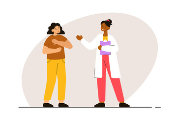 Woman afraid of a doctor. Person with iatrophobia. Psychological problem, anxiety and mental health concept. Modern flat vector illustration