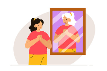 Youn woman looking at the mirror seeing her aged version. Person afraid of getting older. Phobia, psychological problem, anxiety and mental health concept. Modern flat vector illustration