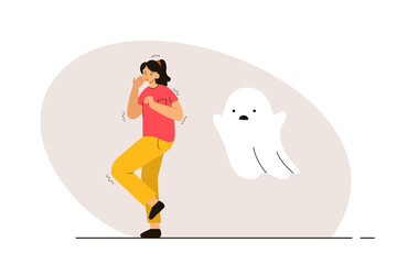Woman scared of ghost. Fear of paranormal spirits, necrophobia. Phobia, psychological problem, anxiety and mental health concept. Modern flat vector illustration