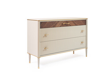 chest of drawers with veneer and painted wood trim in a modern classic style on a white background