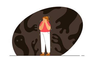 Scared woman standing in the dark shivering. Scary shadows. Person with achluophobia. Phobia, psychological problem, anxiety and mental health concept. Modern flat vector illustration
