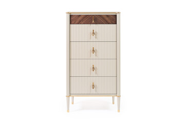 chest of drawers with veneer and painted wood trim in a modern classic style on a white background
