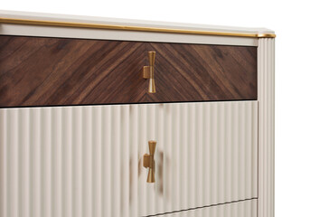 chest of drawers with veneer and painted wood trim in a modern classic style on a white background