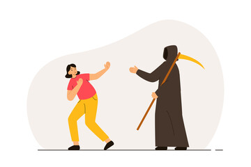 Terrified woman seeing death character. Person with necrophobia. Phobia, psychological problem, anxiety and mental health concept. Modern flat vector illustration