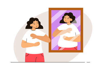 Youn woman looking at the mirror seeing her fat version. Person with anorexia or bulimia. Eating disorder, psychological problem, anxiety and mental health concept. Modern flat vector illustration