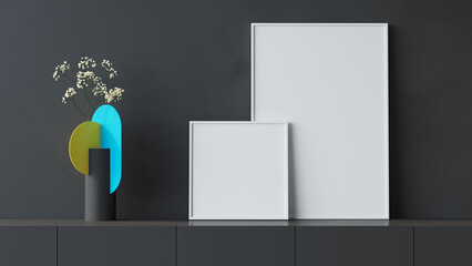 Empty posters in dark interior 3D render	