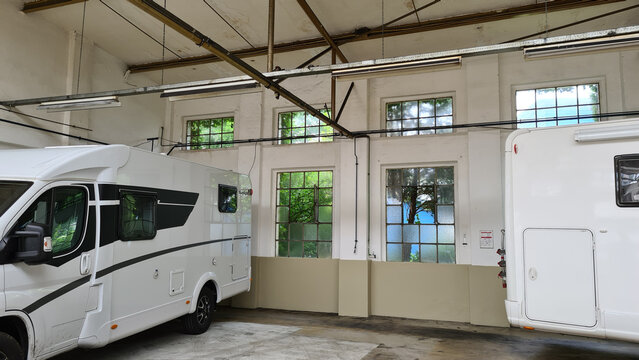 Motorhome caravan in a hall for the winter