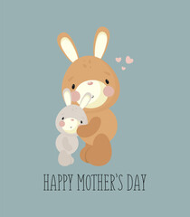 Cute Rabbit Mom and baby. Happy Mother's Day card. Vector illustration in cartoon style.