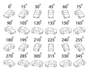 A set of 24 cars from different angles. Rotation of the car in outline by 15 degrees for animation.  