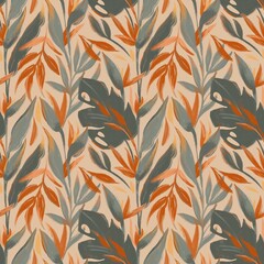 Wax sketch pastel crayon tropical exotic seamless pattern. Palm leaves, monstera, strelitzia flower. Print for wallpaper, fabric, stationery, interior