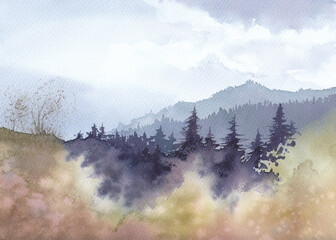 Watercolor landscape. Mist among the forest. Spruce trees in the valley full of glowing fog. Fantastic nature scenery in mountains. View from above.