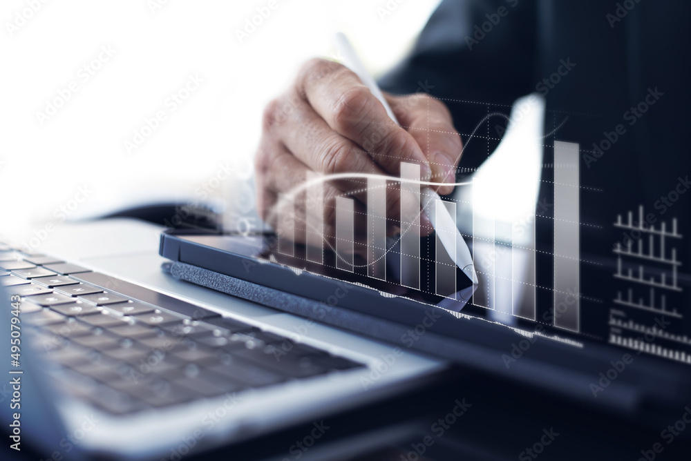 Poster businessman working with digital tablet computer virtual dashboard analyzing finance sales data and 