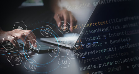 Coding software developer work with augmented reality dashboard computer icons of scrum agile with...