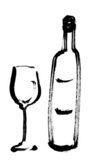 ワインのボトルとグラス　モノクロ　線画