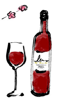 ワインのボトルとグラス　赤　花あり