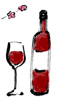 ワインのボトルとグラス　赤　花あり　ラベル余白