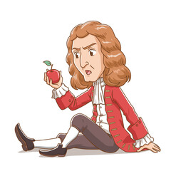 Cartoon character of Sir Isaac Newton looking at apple.