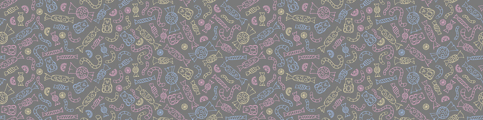 Seamless pattern with candy doodles. Hand drawn sweets on gray background. Vector illustration.