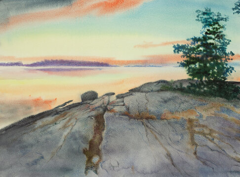 bright sunset on the rocky shore