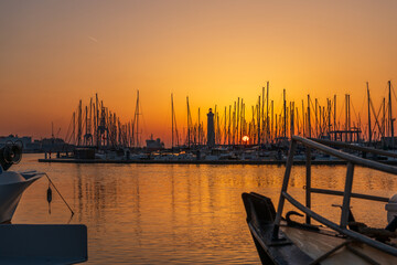 Beautiful sunrise in the fishing port of Sète, in spring, in Occitanie, France