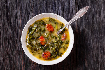 Caldo Verde, potato and kale soup with chorizo - obrazy, fototapety, plakaty
