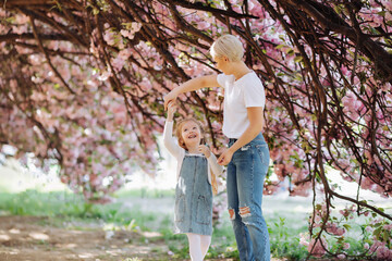 Naklejka na ściany i meble Family (mother and children) on a spring city street under the branches of blooming pink sakura. Sakura blossomed. Young mother with baby having fun in the park near sakura.