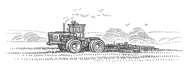 Tractor working on the field vector sketch. 