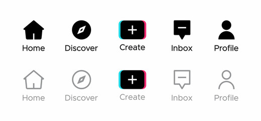 Home, Discover, Create, Inbox, and Profile. Icon Set of Tiktok Menu