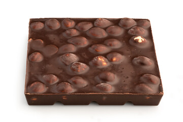 Chocolate square bar with hazelnuts isolated on a white background with shadows