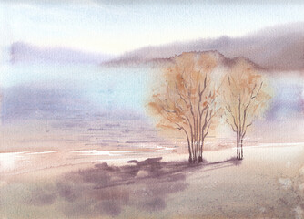 Watercolor landscape. Dawn on the lake. Trees on the coast.