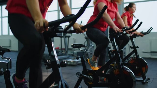 Group of smiling friends at gym exercising on stationary bike. Happy cheerful athletes training on exercise bike. Young women working out at class in gym. Weight loss, fat burning. Modern active sport