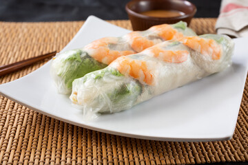 A view of a plate of spring rolls.