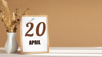 April 20. 20th day of month, calendar date.White vase with dead wood next to cork board with numbers. White-beige background with striped shadow. Concept of day of year, time planner, spring month