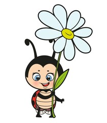 Coquettish cartoon cute ladybug with flower in hand color variation for coloring page on white background