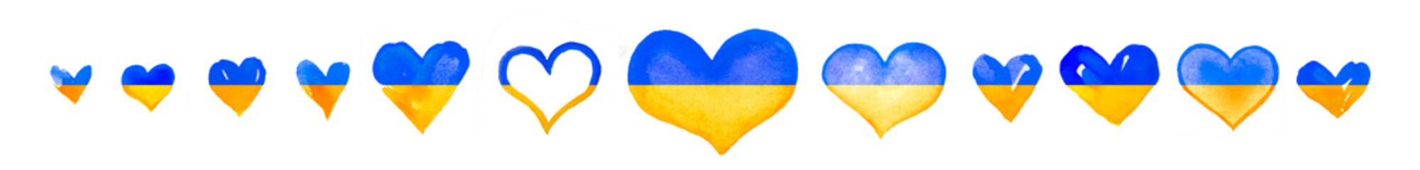 Ukraine flag. Set if Hearts of a Ukrainian without war. Heart of blue and yellow colors