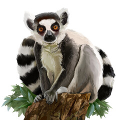 Lemur sits on a stump. Watercolor drawing - 495083639