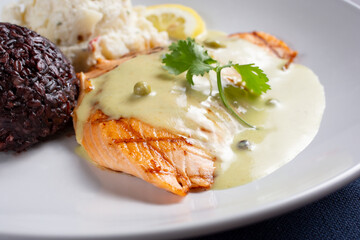 A view of a salmon filet entree.