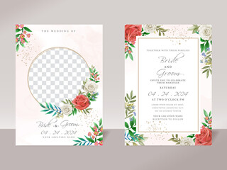 Floral wedding invitation template set with elegant white and red roses design