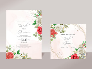 Floral wedding invitation template set with elegant white and red roses design