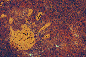 Muddy clay handprint on Old Rust Metal Decayed Sheet Wide Background. Weathered Iron Isolated Metallic Texture. Mud fingers Corroded Steel Structure. Abstract Web Banner. Antique, Urban artwork, Decor