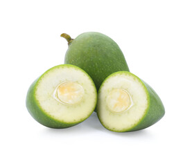 Green mango with cut in half isolated on white background. Clipping path.