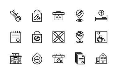 Simple set of medical related vector linear icons. Contains icons such as: pills, first aid kit, medical sign, questionnaire and more. Editable stroke. 48x48 pixels is perfect.
