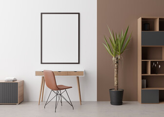 Empty vertical picture frame on white wall in modern room. Mock up interior in minimalist, contemporary style. Free, copy space for your picture, poster. Desk, chair, sideboard, plant. 3D rendering.