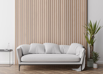 Empty wall with wooden planks in modern living room. Mock up interior in contemporary, scandinavian style. Free, copy space for picture, poster. Sofa, table, plants. 3D rendering.