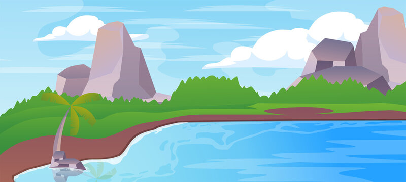 cartoon vector sea scenery, palm trees and mountain forests
