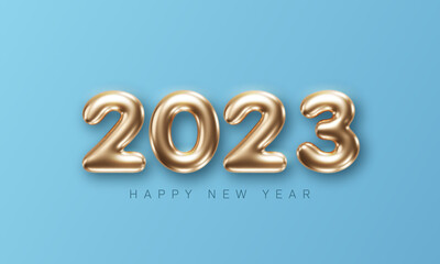 2023 New Year card template with golden gift ribbon and glittering numbers on red background