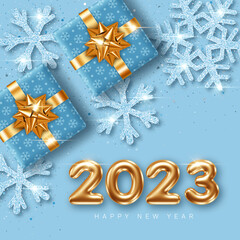 2023 New Year card template with 3d numbers, glittering decorative snowflakes and gift boxes