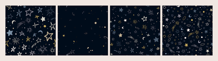 Set of vector space seamless patterns with planets, comets, constellations and stars. Night sky hand drawn doodle astronomical backgrounds.
